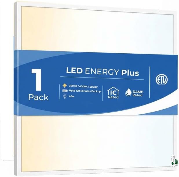 2x2 LED Flat Panel Light with Emergency Battery Backup, 40W 3000K/4000K/5000K, 0-10V Dimmable, 5200 Lumens, Backlit Drop Ceiling Panel, 100-277V, UL DLC Listed, Built-in Backup – 1 Pack by fliptoled