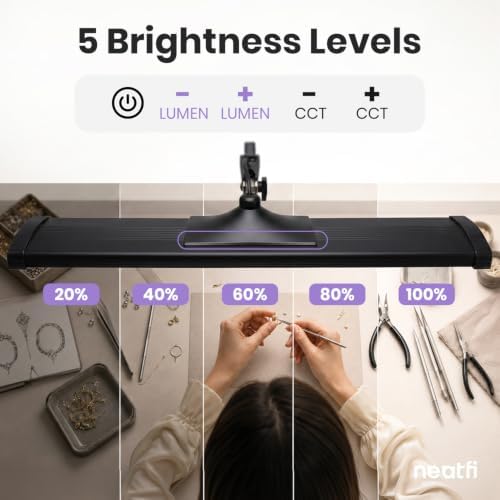 Neatfi Pro LED Task Lamp with Clamp | CRI 95 | 50W | 684 LED Beads | 4,500 Lumens | Touch CCT Dimming | 3000K-6500K | Desk Light for Reading, Crafting & Home Office Use (Black-7, 31.8-Inch Wide Shade) - Image 4