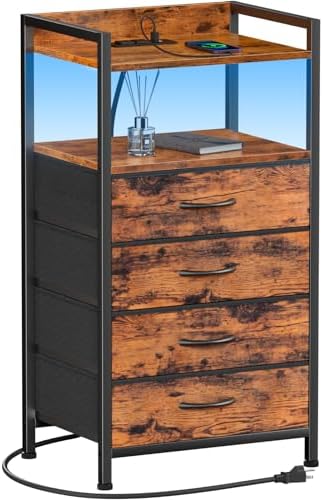 Furnulem Night Stand with Charging Station, 4 Drawer Tall Bedside Table by Furnulem