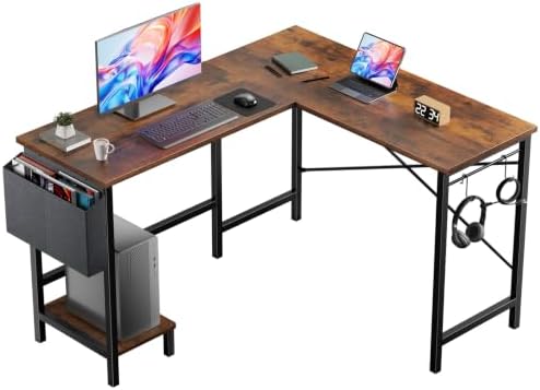 DUMOS L Shaped Computer Corner Desk with PC Stand, Brown by DumosLifestyle