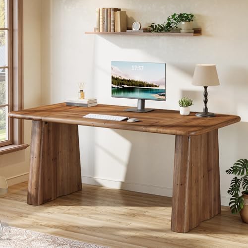 63-Inch Solid Wood Executive Desk, Large Office Computer Desk with Heavy Duty Legs, Simple Study Writing Table Business Workstation for Home Office, Bedroom, Vintage Brown - Image 4