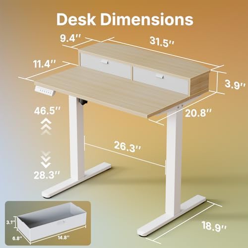 HUANUO 32" X 21" Electric Standing Desk with 2 Drawers, C-Clamp Mount Compatible, Height Adjustable Computer Desk, Home Office Stand Up Desk with 4 Preset Heights & 2 Hooks, Light Walnut - Image 2