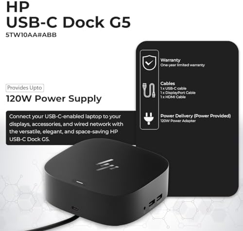 HP Docking Station for Laptop Dual Monitor and Charging Bundle - Dock 5TW10AA / 5TW10UT / #ABB with 120W Adapter + HDMI Cable + DisplayPort + USB-C + Microfiber Cloth (Renewed) - Image 3