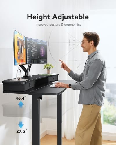 HUANUO 55″ x 26″ Electric Standing Desk with 2 Drawers, C-Clamp Mount Compatible, Height Adjustable Computer Desk, Home Office Stand Up Desk with 4 Preset Heights & 2 Hooks, Black - Image 5
