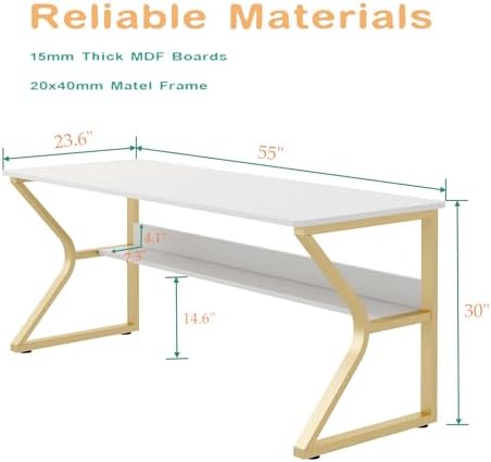 OSCHF 55-Inch Extra Long Desk with Storage Shelf, Gold - Image 2