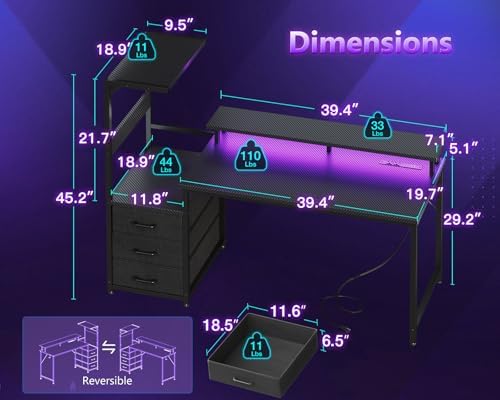 Casaottima 52 Inch Gaming Desk with USB Charging Ports & LED Light - Reversible Computer Desk with 3 Fabric Drawers, Monitor Stand, CPU Stand, Modern Office Desk, Black - Image 3