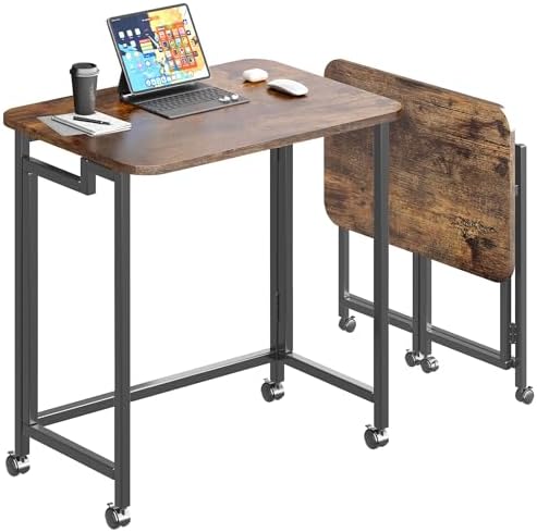 JSB Folding Desk for Small Spaces,Mobile Portable Rolling Laptop PC Table on Wheels,Foldable Computer Desk for Home Office,Bedroom,Dorm,Space Saving (Rustic & Brown, 23.6") by HomeFurniture