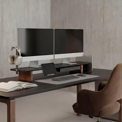 Fenge Modular Dual Monitor Stand Riser with Solid Ash Wood Leg, 42.5" Black - Image 2