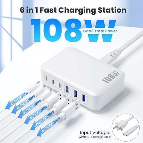 USB C Charger Block Charging Station,108W GaN III 6 Port 3xQC+3xPD Wall Charger Adapter Plug Cube,Super Fast Type C Charging Hub Box for iPhone 17 16 15 14 13 Pro Max iPad Samsung Pixel 5ft Cord-White - Image 2