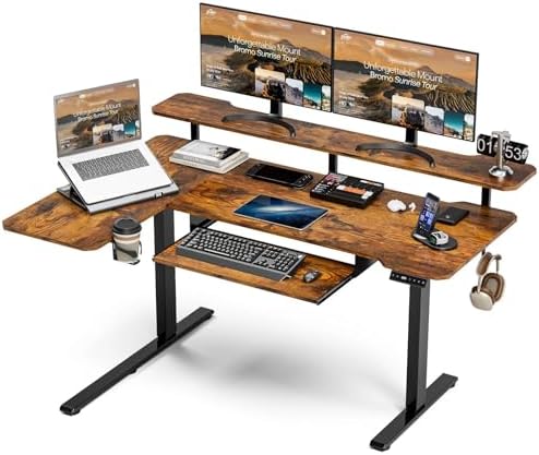 Acrolix 59" L Shaped Standing Desk with Shelves Keyboard Tray,Rustic Brown by Acrolix