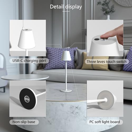 Timjorman 4-Pack Cordless Table Lamps - 5000mAh Rechargeable Battery Operated Desk Lamp, 3-Level Dimmable LED Night Light for Bedroom, Dining, Restaurant - Metal Design(White 4PACK) - Image 6