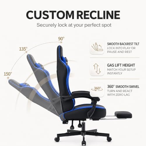 Office Desk Computer Gaming Chair for Adults, Ergonomic High Back Gamer Chair with Massage and Pocket Spring Cushion, Swivel Comfy Video Game Chairs with Footrest and Lumbar Support (Black Blue) - Image 6