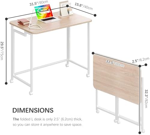 4NM 31.5" Mobile Small Rolling Computer Desk, Folding Laptop Cart Table with Wheels, Portable Office Desk for Small Space Couch Bed - Natural and White - Image 3