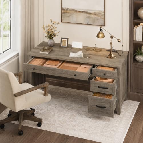 53.54" Executive Desk with Drawers, Farmhouse Home Office Desk with Charging Station & File Cabinet, 4 Storage Drawers Wooden Computer Desk with Power Outlet for Work Study Writing, Grey by SLEKVERSA