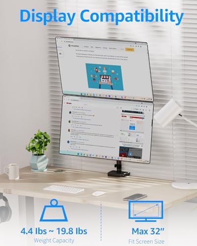 MOUNTUP Vertical Dual Monitor Mount Holds 4.4-17.6lbs, up to 32 Inch Stacked Monitor Mount with Gas Spring Arm with Clamp/Grommet Base, Dual Monitor Stand for Desk, For Home Office, VESA 75x75/100x100 - Image 2