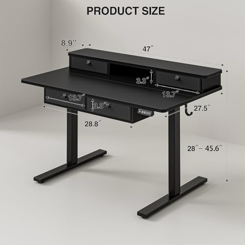 Grandder Electric Standing Desk with Four Drawers, Sit to Stand Up Height Adjustable Desk with Storage Shelf for Home Office, 47 * 28 Inch, Study, Ergonomic Adjustable Computer Desk, Black - Image 3