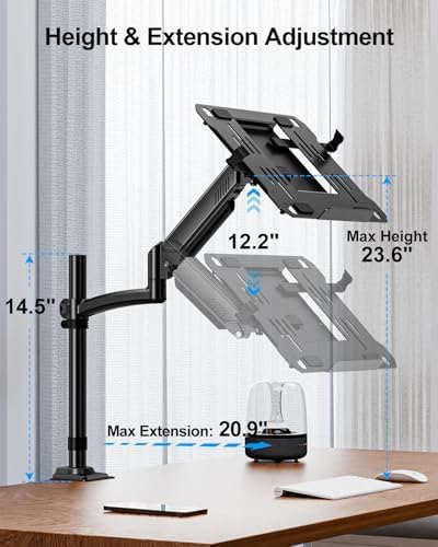 MOUNTUP Laptop Desk Mount, Adjustable Laptop Stand for max 17" Notebook or 32" Monitor, Laptops Arm Mount for Desk Holds 4.4-22lbs, Tall Laptops Stand with Clamp/Grommet - Image 3