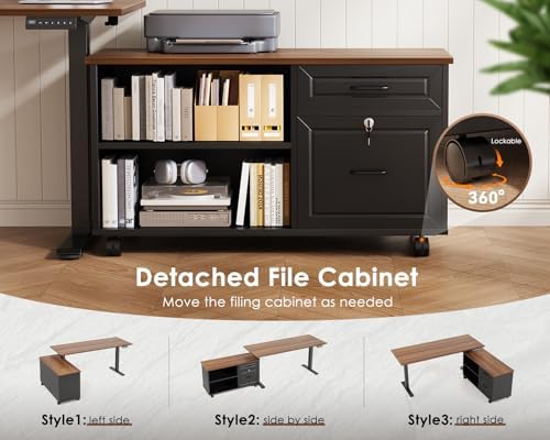 OffiGo 48" L Shaped Electric Standing Desk with Cabinet Sets, Walnut/Black - Image 5