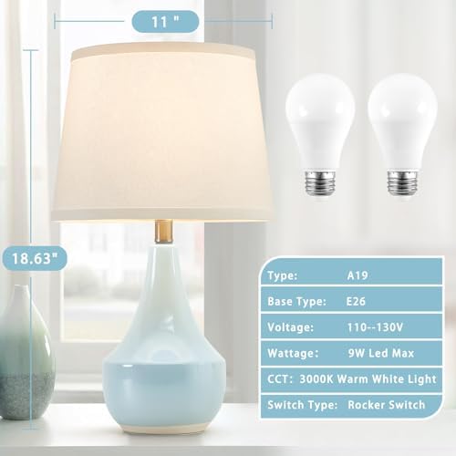 GyroVu 18" Table Lamp Set of 2, Ceramic Lamp Classic Beside Lamps Nightstand Lamp Modern Cute Lamp for Living Room, Bedroom & Office Rocker Switch Sky Blue-LED Bulbs Included - Image 2