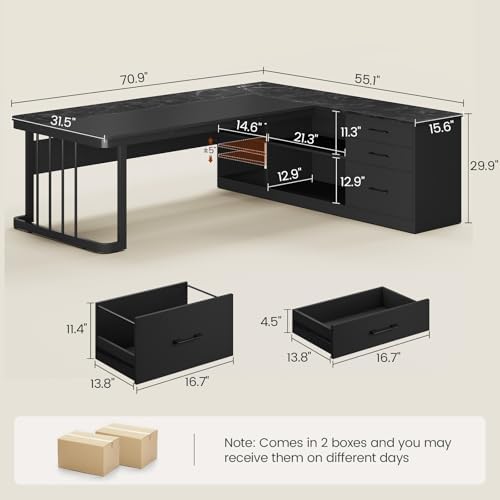 UPOSOJA 71" Executive Desk, Large Office Desk with Drawers & Storage Shelves, Modern L Shaped Computer Desk Corner Desk with Power Outlets, File Cabinet, Business Furniture Desk Workstation (Black) - Image 2