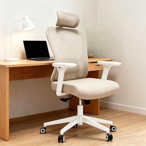 Monhey Office Chair, Ergonomic Office Chair, Home Office Desk Chair for Big and Tall People, Computer Chair with Adjustable Headrest, Lumbar Support, Flip-Up Arms, PU Wheels (03khaki) by Monhey-EasyErgonomicChair