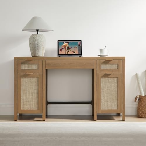 SICOTAS Rattan Home Office Desk with Storage, 52" Boho Executive Desk - Image 4