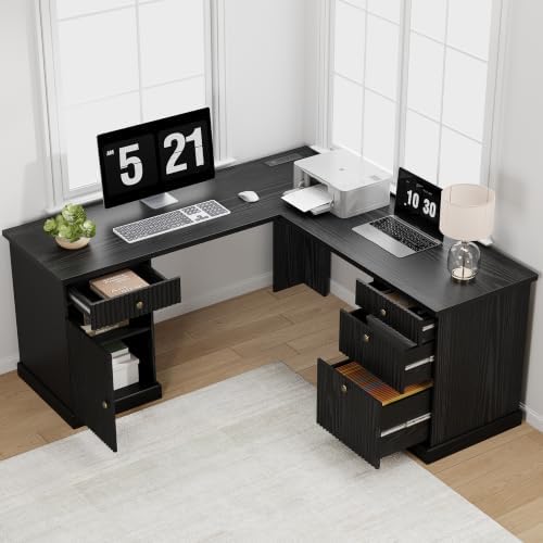 Garvee 60" Fluted L Shaped Desk with File Drawer, Corner Desk with Storage - Image 3