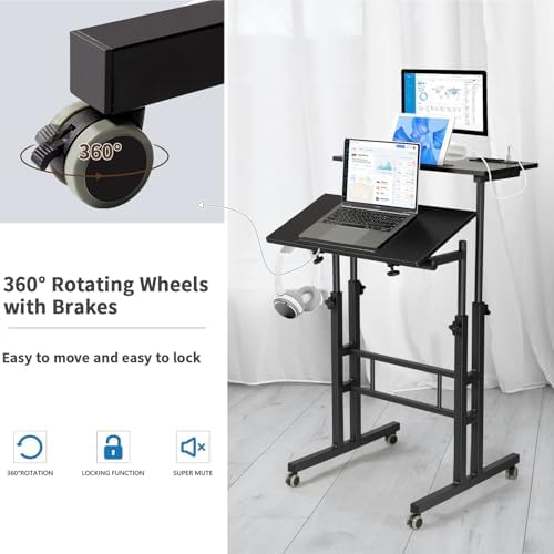 Hadulcet Mobile Standing Desk with Charging Station, Adjustable Standing Computer Desk, Standing Adjustable Laptop Cart with Wheels for Home Office Classroom Black - Image 6