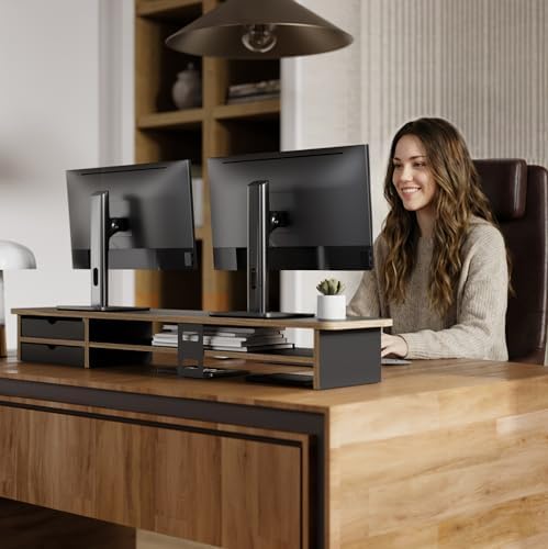 Fenge Monitor Stand, Desk Computer Riser with Frosted Storage Drawer, Black - Image 2