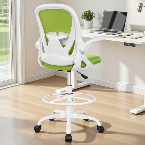 Primy Drafting Chair Tall Office Chair with Flip-up Armrests Executive Ergonomic Computer Standing Desk Chair with Lumbar Support and Adjustable Footrest Ring (Green) - Image 2