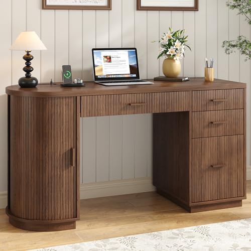 ONBRILL 58 Inch Fluted Executive Desk with File Drawer, Walnut - Image 3