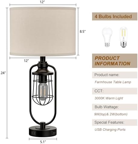 24" Farmhouse Black Table Lamps Set of 2 for Living Room, USB A+C - Image 6