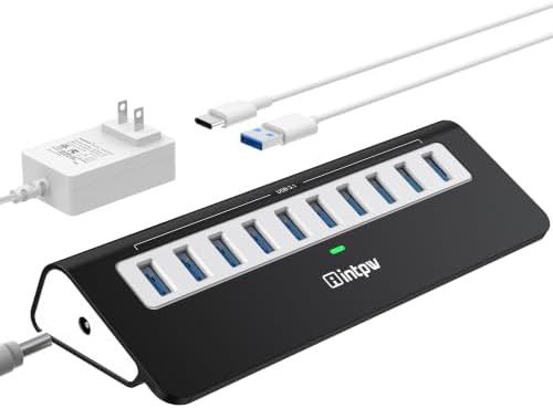 Powered USB Hub, intpw 10 Port USB 3.1 Hub with 10Gbps Data Transfer, 36W(12V/3A) Power Adapter, USB Type A and Type C Cable, Grey USB Hub for Laptop, MacBook and Desktop Computer by intpw