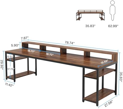 Tribesigns Two Person Desk with Monitor Stand, 78.74" Long Double Computer Office Desk with Storage Shelves, Large Gaming Study Writing Table Workstation for Home Office (Rustic Brown) - Image 2