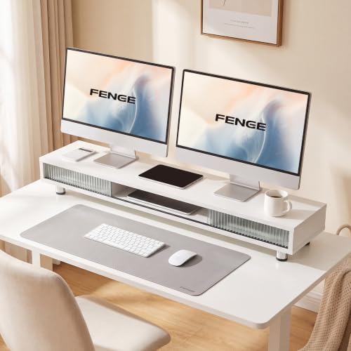 Fenge Dual Monitor Stand with Storage, Desk Shelf with Glass Sliding Door - Image 5