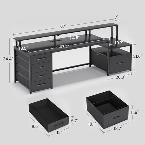 SEDETA Computer Desk with 5 Drawer, Power Outlet, Led Lights, Black - Image 2