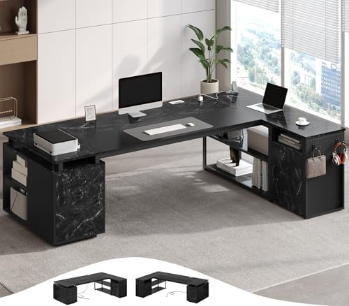 78" Executive Desk with Lockable File Cabinet, L Shaped Office Desk with Power Outlets, Large Executive Desk with Drawers and Storage Shelves, Reversible Computer Desk, Marble Grain by Unknown
