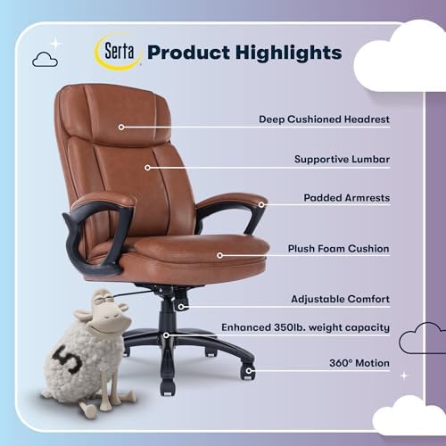 Serta Fairbanks Big & Tall Executive Office Chair, Ergonomic High-Back with Lumbar Support, Semi-Plush Seat Cushion and Body Pillows, Padded Armrests, Nylon Swivel Base, Bonded Leather, Cognac Brown - Image 3