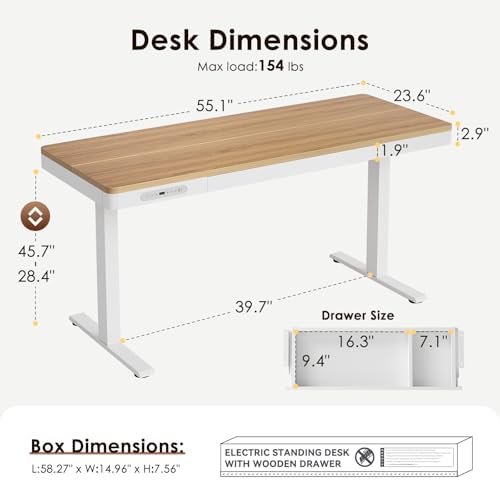OffiGo 55 Inch Electric Standing Desk with Wooden Drawer, Maple - Image 3