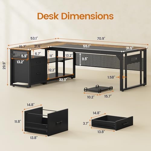 UPOSOJA 71" L Shaped Executive Desk, Office Desk with Storage Drawers - Image 2