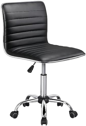 Yaheetech Black Armless Vanity Desk Chair with Wheels, Ribbed PU Leather by Yaheetech