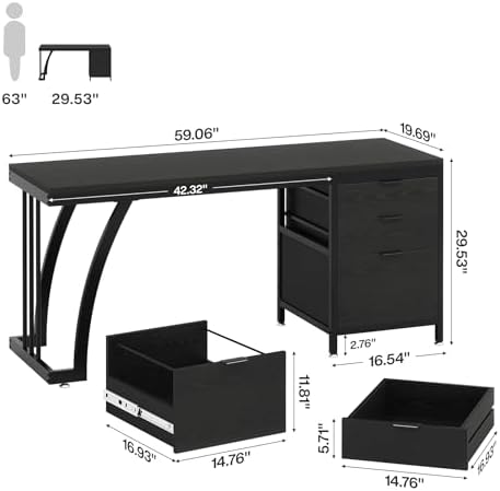 Tribesigns Computer Desk with 3 Drawers, 59-Inch PC Desk with Reversible Drawers, Industrial Study Writing Table Workstation with File Storage for Home Office (Black) - Image 2