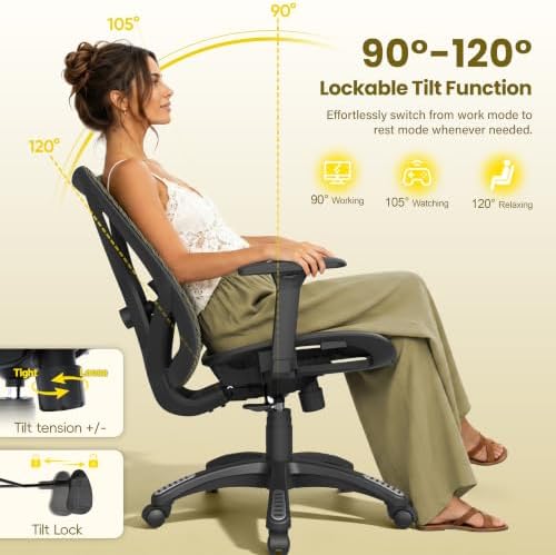 Ergonomic Office Chair, Mesh Computer Desk Chairs with BIFMA X5.1 Certified, Adjustable Lumbar Support, 3D Arm, Tilt Back, Wide Seat, Comfy Swivel Work Task Chair for Company and Home (Satin Gold) - Image 7