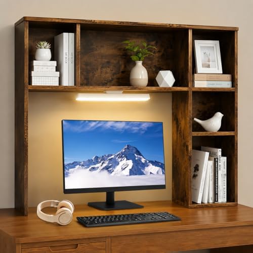3 Tier Desktop Bookshelf with Rechargeable Eye-Friendly LED Desk Light, Desk Hutch Organizer with 5 Shelves, Wooden Desk Bookshelf for Office, Dorm and Small Space, Brown by Unknown
