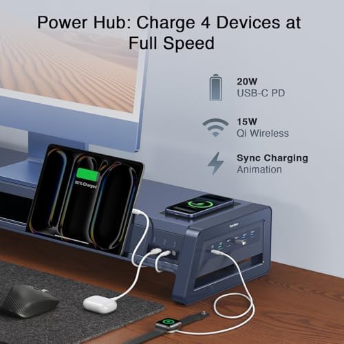 Vaydeer All-in-One Dual Monitor Stand Riser with 2 Drawers, 8USB Ports and Wireless Charging Pad with LED Light Strip for 2 Monitors , Desk Organizer for PC, iMac (Metal, 39.3 inches)-White - Image 4