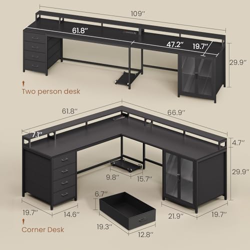 SEDETA L Shaped Gaming Desk with 4 Drawers, 109” Computer Desk with Display Cabinet, Home Office Desks with 2 Monitor Stands, CPU Stand, LED Lights and Power Outlet, Black - Image 3