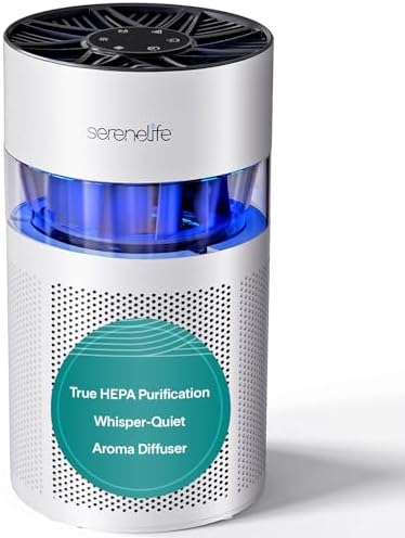 SereneLife Portable Air Purifier - Small Air Purifier with Aroma Box & Ambient Light, High Filtration Efficiency, 2-Speed, Timer & Sleep Mode, Filter Change Reminder, 6 x 6 x 12 in. (White) by SereneLife