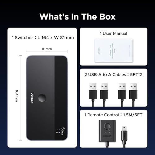 UGREEN USB 3.0 Switch for 2 PCs Simultaneous Internet Access & Sharing USB Devices, USB Switcher Sharing Keyboard and Mouse, Built-in Gigabit Ethernet Adapter, Includes 2 USB Cables & Controller - Image 6
