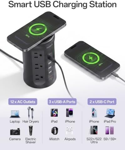 Power Strip with USB Ports,Extension Cord with Multiple Outlets (12AC+3A+2C), 6.5 FT Desk Black Power Strip Tower Charging Station for Home, Office, College Dorm Essentials - Image 6