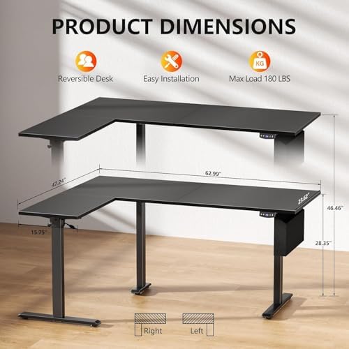 Korfile 63" L Shaped Standing Desk Height Adjustable Memory Presets Black - Image 3